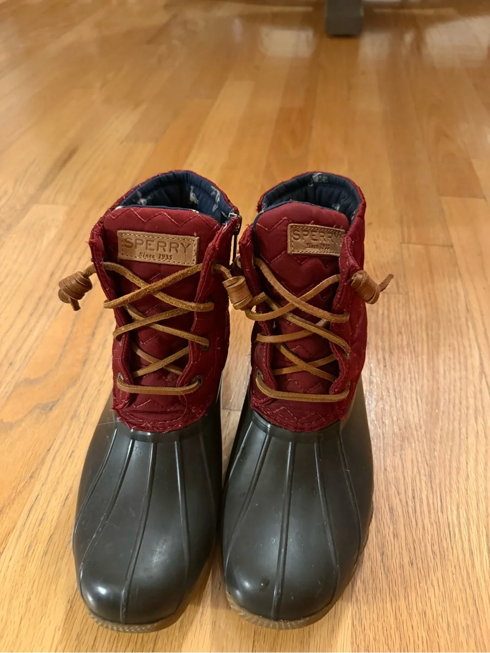 Women’s Sperry Burgundy and Navy Quilted Duck Boots